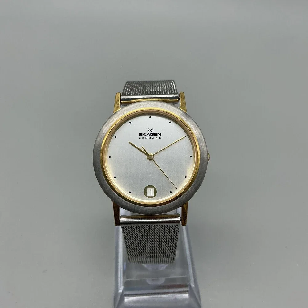 Skagen 16LGS Mens Watch 34mm Silver Tone Two Tone Stainless Date New Battery